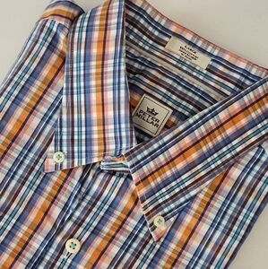 Peter Millar Mens Large Short Sleeve Orange/Blue/White Plaid Button-Down…
